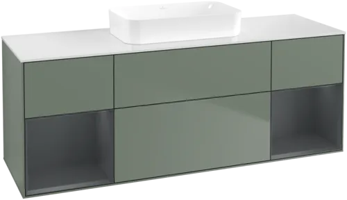 VILLEROY BOCH Toaletní skříňka Finion, s osvětlením, 4 výsuvy, 1600 x 603 x 501 mm, olivový matný lak / půlnoční modrý matný lak / bílé matné sklo #F741HGGM