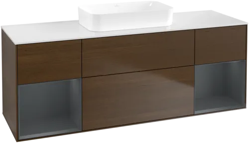VILLEROY BOCH Toaletní skříňka Finion, s osvětlením, 4 výsuvy, 1600 x 603 x 501 mm, ořechová dýha / půlnočně modrý matný lak / sklo bílé matné #F741HGGN