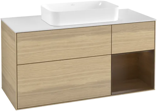 VILLEROY BOCH Toaletní skříňka Finion, s osvětlením, 3 výsuvy, 1200 x 603 x 501 mm, dubová dýha / ořechová dýha / sklo bílé matné #F711GNPC