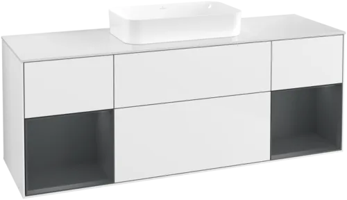 VILLEROY BOCH Toaletní skříňka Finion, s osvětlením, 4 výsuvy, 1600 x 603 x 501 mm, lesklý bílý lak / půlnoční modrý matný lak / bílé matné sklo #F741HGGF