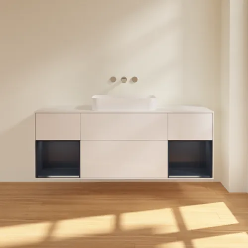 VILLEROY BOCH Toaletní skříňka Finion, s osvětlením, 4 výsuvy, 1600 x 603 x 501 mm, lesklý bílý lak / půlnoční modrý matný lak / bílé matné sklo #F741HGGF, obrázek 3