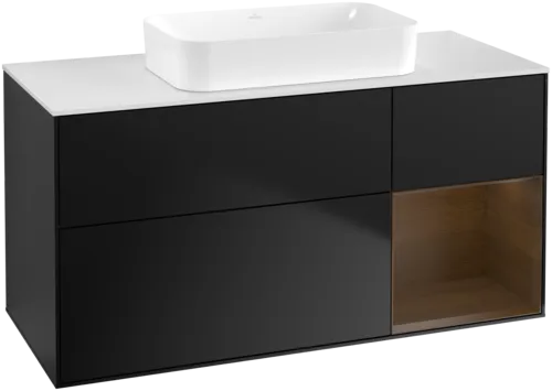 VILLEROY BOCH Toaletní skříňka Finion, s osvětlením, 3 výsuvy, 1200 x 603 x 501 mm, černý matný lak / ořechová dýha / bílé matné sklo #F711GNPD