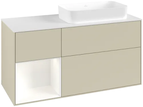 VILLEROY BOCH Toaletní skříňka Finion, s osvětlením, 3 výsuvy, 1200 x 603 x 501 mm, Silk Grey Matt Lacquer / White Matt Lacquer / Glass White Matt #F681MTHJ