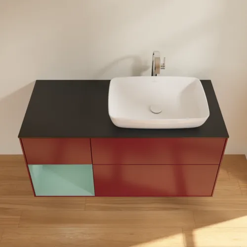 VILLEROY BOCH Toaletní skříňka Finion, s osvětlením, 3 výsuvy, 1200 x 603 x 501 mm, Pivoňka matný lak / Olivový matný lak / Sklo černé matné #F802GMHB, obrázek 3