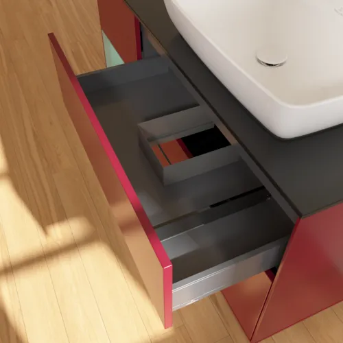 VILLEROY BOCH Toaletní skříňka Finion, s osvětlením, 3 výsuvy, 1200 x 603 x 501 mm, Pivoňka matný lak / Olivový matný lak / Sklo černé matné #F802GMHB, obrázek 5