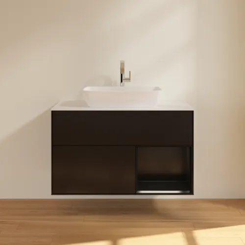 VILLEROY BOCH Toaletní skříňka Finion, s osvětlením, 2 výsuvy, 1000 x 603 x 501 mm, černý matný lak / černý matný lak / sklo bílé matné #F781PDPD, obrázek 3