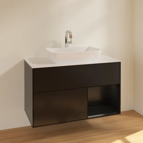 VILLEROY BOCH Toaletní skříňka Finion, s osvětlením, 2 výsuvy, 1000 x 603 x 501 mm, černý matný lak / černý matný lak / sklo bílé matné #F781PDPD, obrázek 2
