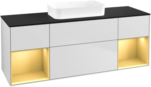 VILLEROY BOCH Toaletní skříňka Finion, s osvětlením, 4 výsuvy, 1600 x 603 x 501 mm, bílý matný lak / zlatý matný lak / černé matné sklo #F742HFMT