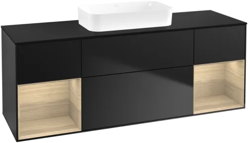 VILLEROY BOCH Toaletní skříňka Finion, s osvětlením, 4 výsuvy, 1600 x 603 x 501 mm, černý matný lak / dubová dýha / černé matné sklo #F742PCPD