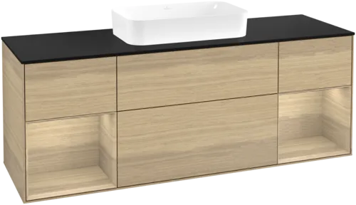 VILLEROY BOCH Toaletní stolek Finion, s osvětlením, 4 výsuvy, 1600 x 603 x 501 mm, dubová dýha / dubová dýha / sklo černé matné #F742PCPC