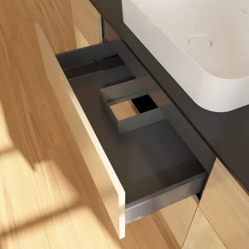 VILLEROY BOCH Toaletní stolek Finion, s osvětlením, 4 výsuvy, 1600 x 603 x 501 mm, dubová dýha / dubová dýha / sklo černé matné #F742PCPC, obrázek 8