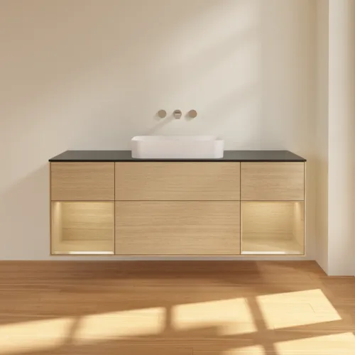 VILLEROY BOCH Toaletní stolek Finion, s osvětlením, 4 výsuvy, 1600 x 603 x 501 mm, dubová dýha / dubová dýha / sklo černé matné #F742PCPC, obrázek 3