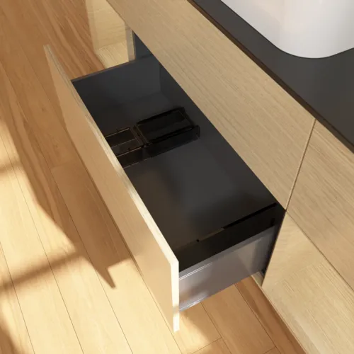 VILLEROY BOCH Toaletní stolek Finion, s osvětlením, 4 výsuvy, 1600 x 603 x 501 mm, dubová dýha / dubová dýha / sklo černé matné #F742PCPC, obrázek 7