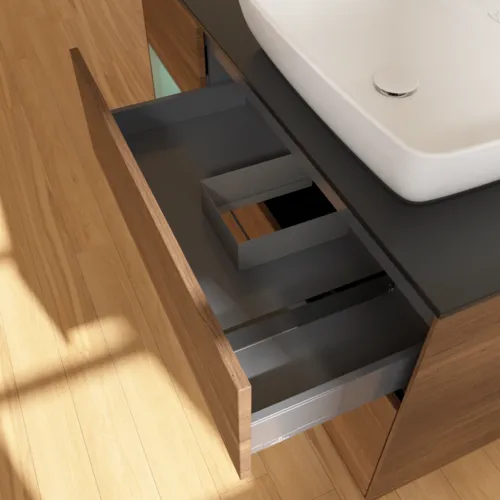 VILLEROY BOCH Toaletní skříňka Finion, s osvětlením, 3 výsuvy, 1200 x 603 x 501 mm, ořechová dýha / olivově matný lak / sklo černé matné #F802GMGN, obrázek 6
