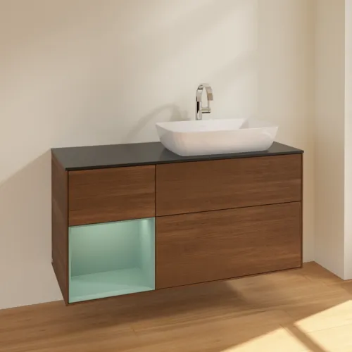 VILLEROY BOCH Toaletní skříňka Finion, s osvětlením, 3 výsuvy, 1200 x 603 x 501 mm, ořechová dýha / olivově matný lak / sklo černé matné #F802GMGN, obrázek 2