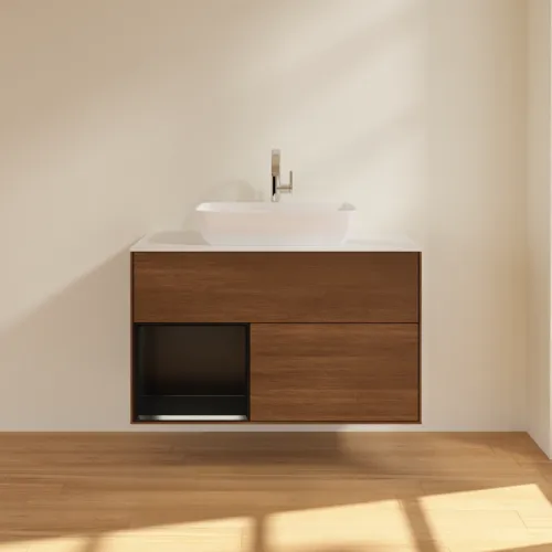 VILLEROY BOCH Toaletní stolek Finion, s osvětlením, 2 výsuvy, 1000 x 603 x 501 mm, ořechová dýha / černý matný lak / sklo bílé matné #F771PDGN, obrázek 3