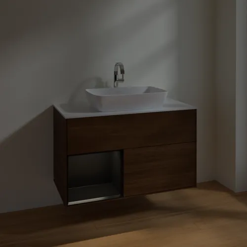 VILLEROY BOCH Toaletní stolek Finion, s osvětlením, 2 výsuvy, 1000 x 603 x 501 mm, ořechová dýha / černý matný lak / sklo bílé matné #F771PDGN, obrázek 5