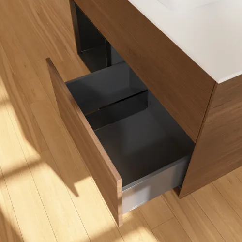 VILLEROY BOCH Toaletní stolek Finion, s osvětlením, 2 výsuvy, 1000 x 603 x 501 mm, ořechová dýha / černý matný lak / sklo bílé matné #F771PDGN, obrázek 7