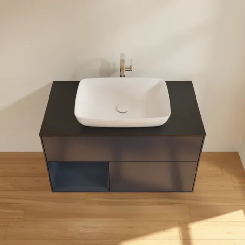 VILLEROY BOCH Toaletní skříňka Finion, s osvětlením, 2 výsuvy, 1000 x 603 x 501 mm, Midnight Blue Matt Lacquer / Midnight Blue Matt Lacquer / Glass Black Matt #F772HGHG, obrázek 4