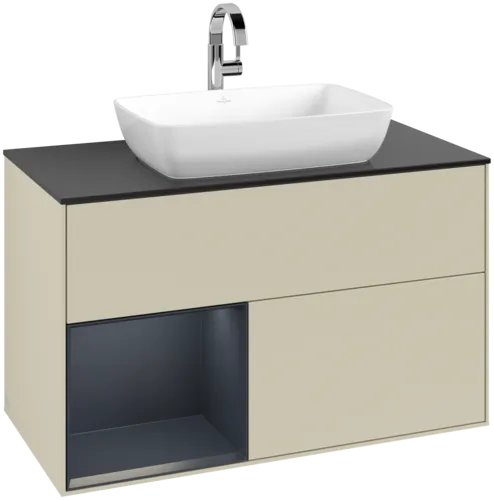 VILLEROY BOCH Toaletní skříňka Finion, s osvětlením, 2 výsuvy, 1000 x 603 x 501 mm, Silk Grey Matt Lacquer / Midnight Blue Matt Lacquer / Glass Black Matt #F772HGHJ