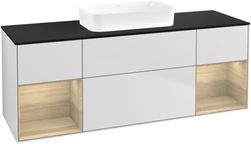 VILLEROY BOCH Toaletní skříňka Finion, s osvětlením, 4 výsuvy, 1600 x 603 x 501 mm, bílý matný lak / dubová dýha / černé matné sklo #F742PCMT