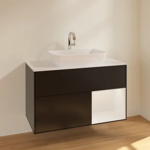 VILLEROY BOCH Toaletní skříňka Finion, s osvětlením, 2 výsuvy, 1000 x 603 x 501 mm, černý matný lak / bílý lesklý lak / bílé matné sklo #F781GFPD, obrázek 2