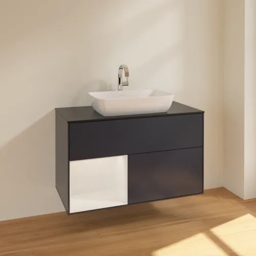 VILLEROY BOCH Toaletní skříňka Finion, s osvětlením, 2 výsuvy, 1000 x 603 x 501 mm, Midnight Blue Matt Lacquer / Glossy White Lacquer / Glass Black Matt #F772GFHG, obrázek 2