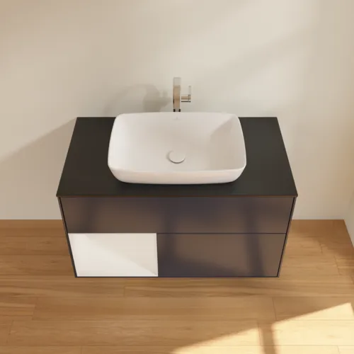 VILLEROY BOCH Toaletní skříňka Finion, s osvětlením, 2 výsuvy, 1000 x 603 x 501 mm, Midnight Blue Matt Lacquer / Glossy White Lacquer / Glass Black Matt #F772GFHG, obrázek 4