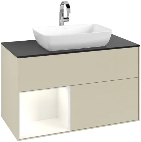 VILLEROY BOCH Toaletní skříňka Finion, s osvětlením, 2 výsuvy, 1000 x 603 x 501 mm, hedvábně šedý matný lak / lesklý bílý lak / černé matné sklo #F772GFHJ