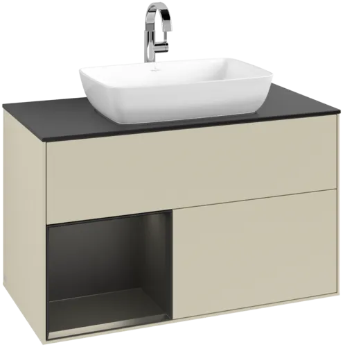 VILLEROY BOCH Toaletní skříňka Finion, s osvětlením, 2 výsuvy, 1000 x 603 x 501 mm, hedvábně šedý matný lak / černý matný lak / černé matné sklo #F772PDHJ