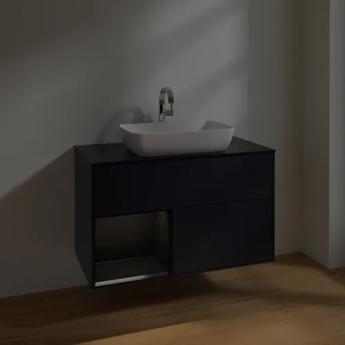 VILLEROY BOCH Toaletní skříňka Finion, s osvětlením, 2 výsuvy, 1000 x 603 x 501 mm, Midnight Blue Matt Lacquer / Black Matt Lacquer / Glass Black Matt #F772PDHG, obrázek 5