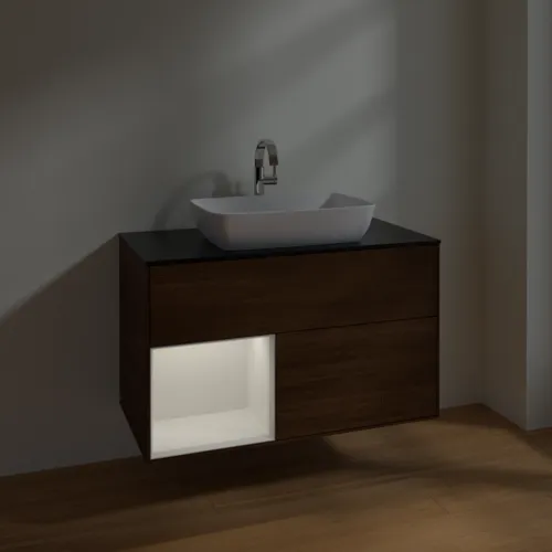 VILLEROY BOCH Toaletní skříňka Finion, s osvětlením, 2 výsuvy, 1000 x 603 x 501 mm, ořechová dýha / lesklý bílý lak / sklo černé matné #F772GFGN, obrázek 5