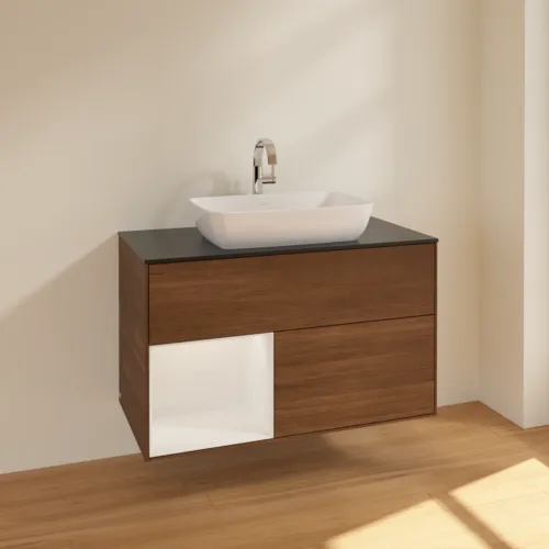 VILLEROY BOCH Toaletní skříňka Finion, s osvětlením, 2 výsuvy, 1000 x 603 x 501 mm, ořechová dýha / lesklý bílý lak / sklo černé matné #F772GFGN, obrázek 2