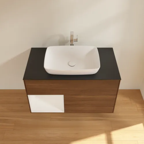 VILLEROY BOCH Toaletní skříňka Finion, s osvětlením, 2 výsuvy, 1000 x 603 x 501 mm, ořechová dýha / lesklý bílý lak / sklo černé matné #F772GFGN, obrázek 4
