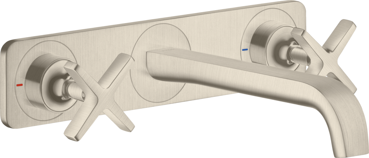 HANSGROHE AXOR Citterio E tříotvorová umyvadlová baterie pro montáž na stěnu s výtokem 220 mm a deskou #36115820 - kartáčovaný nikl