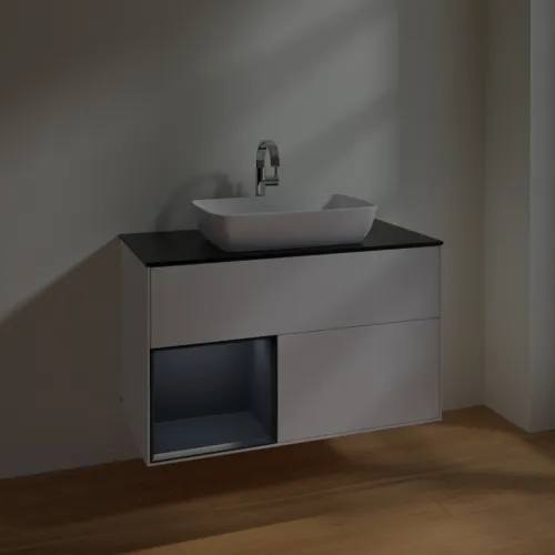 VILLEROY BOCH Toaletní skříňka Finion, s osvětlením, 2 výsuvy, 1000 x 603 x 501 mm, bílý matný lak / půlnoční modrý matný lak / černé matné sklo #F772HGMT, obrázek 5