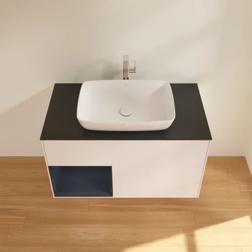 VILLEROY BOCH Toaletní skříňka Finion, s osvětlením, 2 výsuvy, 1000 x 603 x 501 mm, bílý matný lak / půlnoční modrý matný lak / černé matné sklo #F772HGMT, obrázek 4