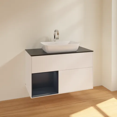 VILLEROY BOCH Toaletní skříňka Finion, s osvětlením, 2 výsuvy, 1000 x 603 x 501 mm, bílý matný lak / půlnoční modrý matný lak / černé matné sklo #F772HGMT, obrázek 2