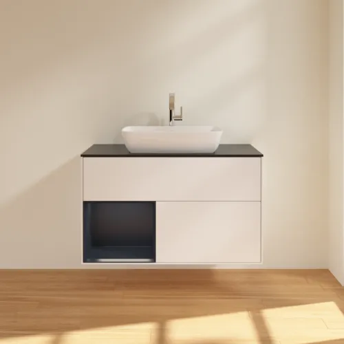VILLEROY BOCH Toaletní skříňka Finion, s osvětlením, 2 výsuvy, 1000 x 603 x 501 mm, bílý matný lak / půlnoční modrý matný lak / černé matné sklo #F772HGMT, obrázek 3