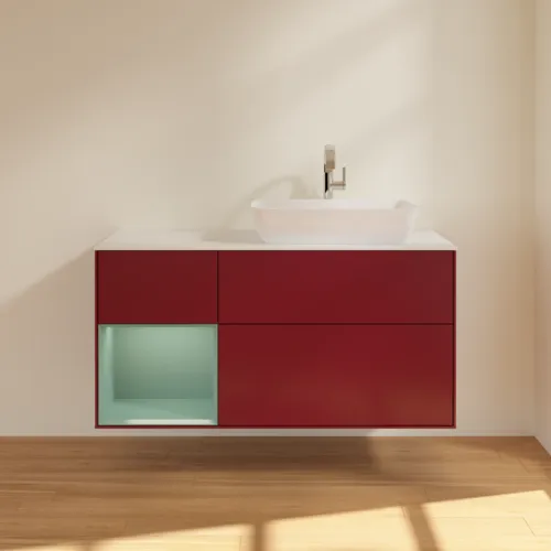 VILLEROY BOCH Toaletní skříňka Finion, s osvětlením, 3 výsuvy, 1200 x 603 x 501 mm, Pivoňka matný lak / Olivový matný lak / Sklo bílé matné #F801GMHB, obrázek 3