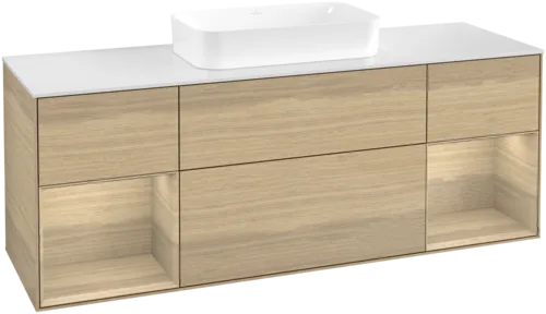 VILLEROY BOCH Toaletní skříňka Finion, s osvětlením, 4 výsuvy, 1600 x 603 x 501 mm, dubová dýha / dubová dýha / sklo bílé matné #F741PCPC