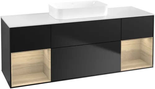 VILLEROY BOCH Toaletní skříňka Finion, s osvětlením, 4 výsuvy, 1600 x 603 x 501 mm, černý matný lak / dubová dýha / sklo bílé matné #F741PCPD