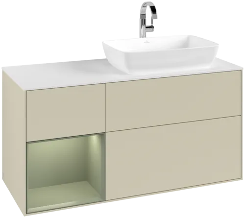 VILLEROY BOCH Toaletní skříňka Finion, s osvětlením, 3 výsuvy, 1200 x 603 x 501 mm, hedvábně šedý matný lak / olivový matný lak / bílé matné sklo #F801GMHJ