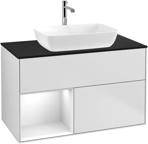 VILLEROY BOCH Umyvadlová skříňka Finion, s osvětlením, 2 výsuvy, 1000 x 603 x 501 mm, bílý matný lak / bílý lesklý lak / černé matné sklo #F772GFMT