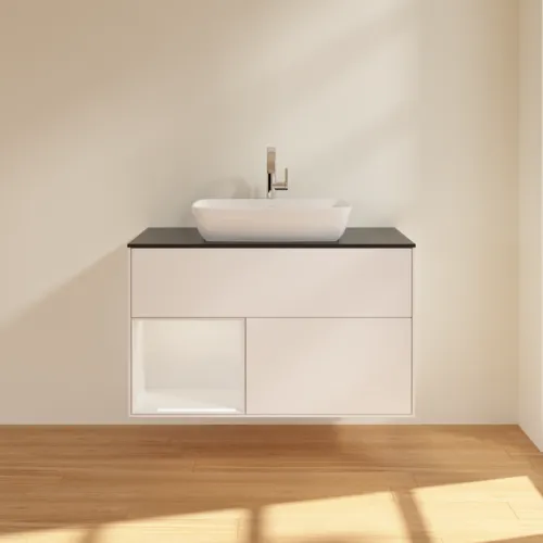 VILLEROY BOCH Umyvadlová skříňka Finion, s osvětlením, 2 výsuvy, 1000 x 603 x 501 mm, bílý matný lak / bílý lesklý lak / černé matné sklo #F772GFMT, obrázek 3