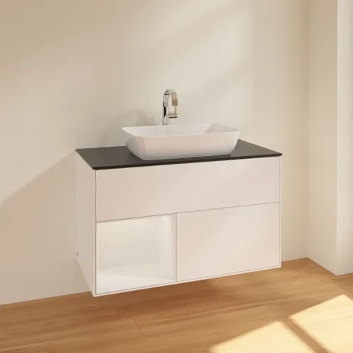 VILLEROY BOCH Umyvadlová skříňka Finion, s osvětlením, 2 výsuvy, 1000 x 603 x 501 mm, bílý matný lak / bílý lesklý lak / černé matné sklo #F772GFMT, obrázek 2