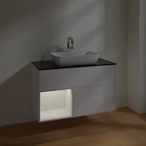 VILLEROY BOCH Umyvadlová skříňka Finion, s osvětlením, 2 výsuvy, 1000 x 603 x 501 mm, bílý matný lak / bílý lesklý lak / černé matné sklo #F772GFMT, obrázek 5