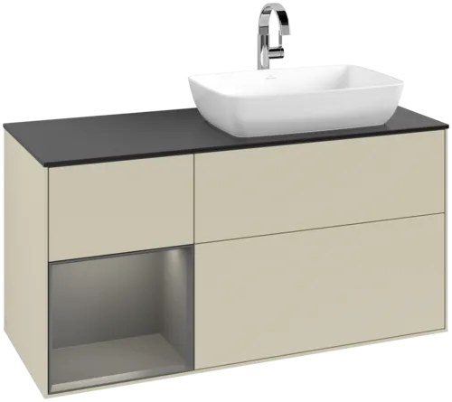 VILLEROY BOCH Toaletní skříňka Finion, s osvětlením, 3 výsuvy, 1200 x 603 x 501 mm, hedvábně šedý matný lak / antracitový matný lak / černé matné sklo #F802GKHJ