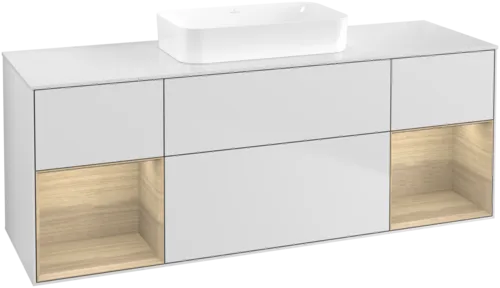 VILLEROY BOCH Toaletní skříňka Finion, s osvětlením, 4 výsuvy, 1600 x 603 x 501 mm, bílý matný lak / dubová dýha / sklo bílé matné #F741PCMT