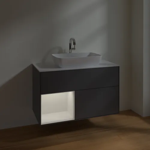 VILLEROY BOCH Toaletní skříňka Finion, s osvětlením, 2 výsuvy, 1000 x 603 x 501 mm, antracit matný lak / lesklý bílý lak / sklo bílé matné #F771GFGK, obrázek 5